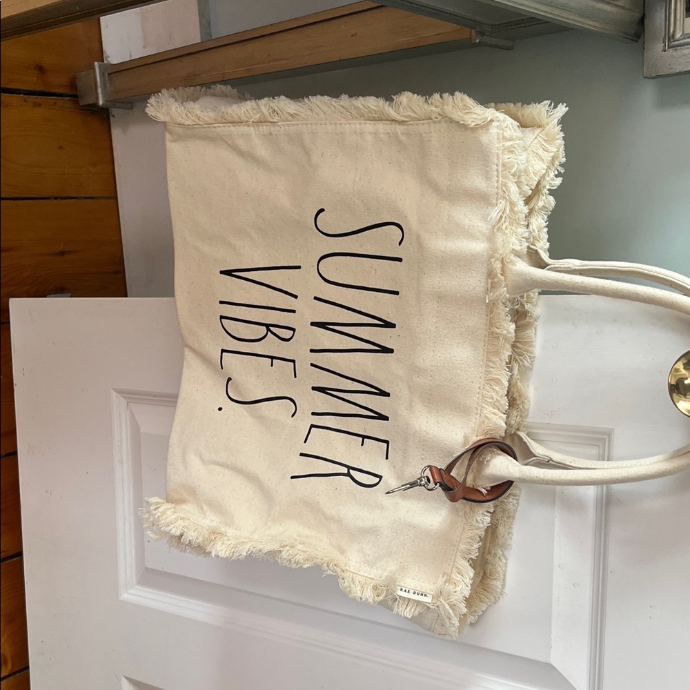 Canvas 'Summer Vibes' Fringe Tote Bag - Cream Rae Dunn mini clutch too